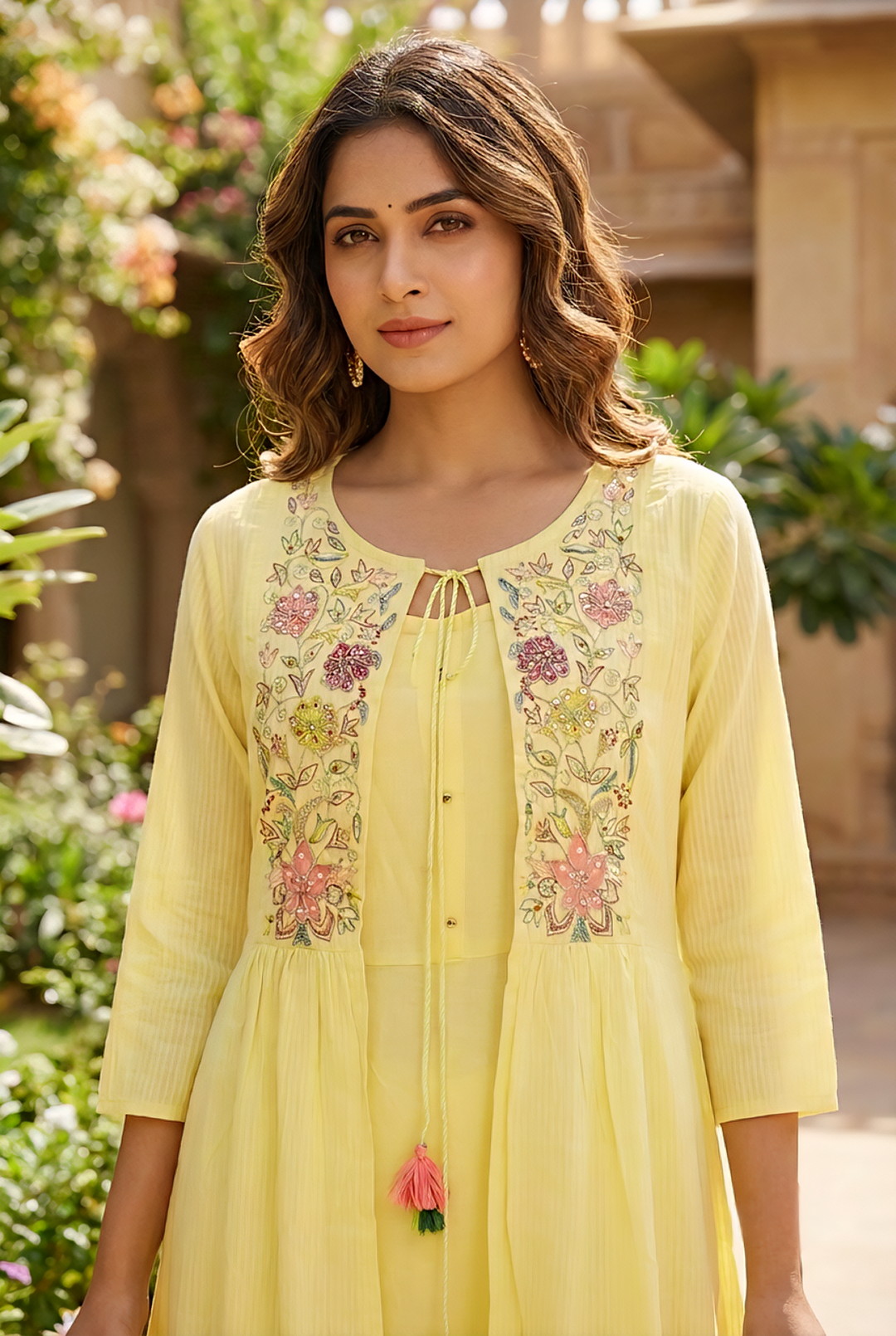 Neerus Yellow cotton hand embroidered maxi dress - detail view 2