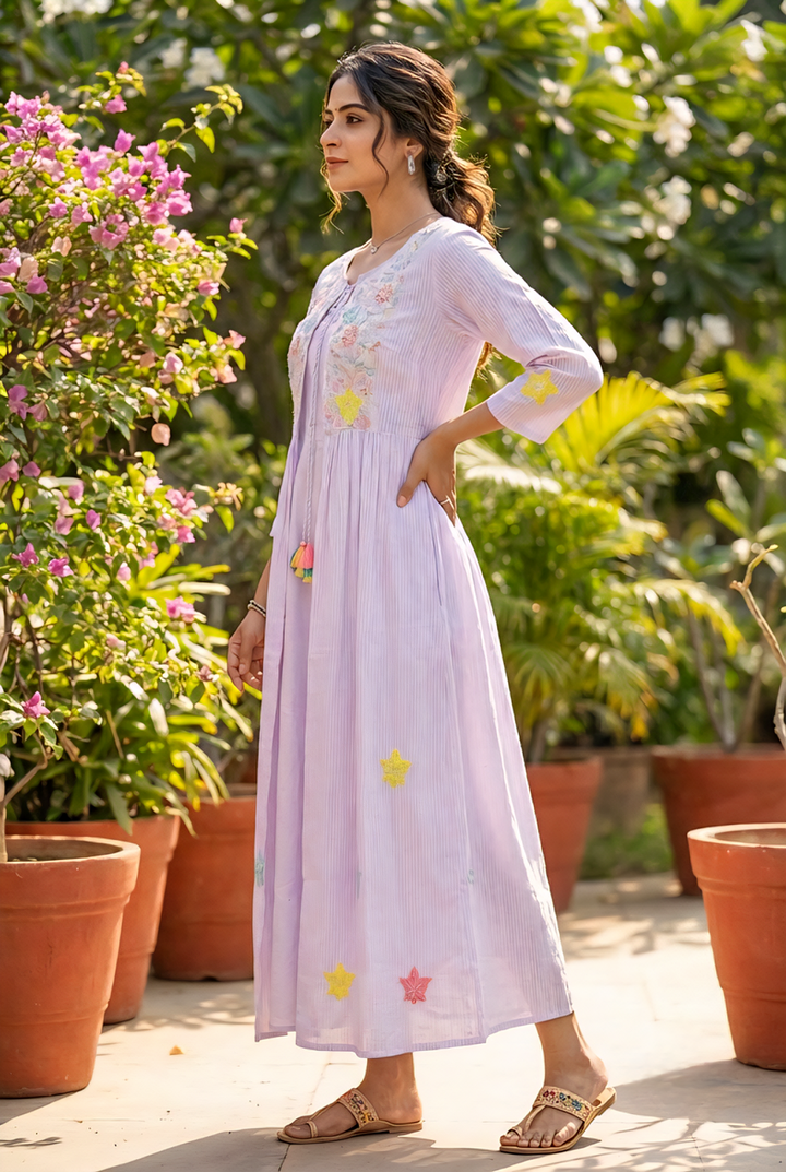 Neerus Purple cotton hand embroidered maxi dress - back view