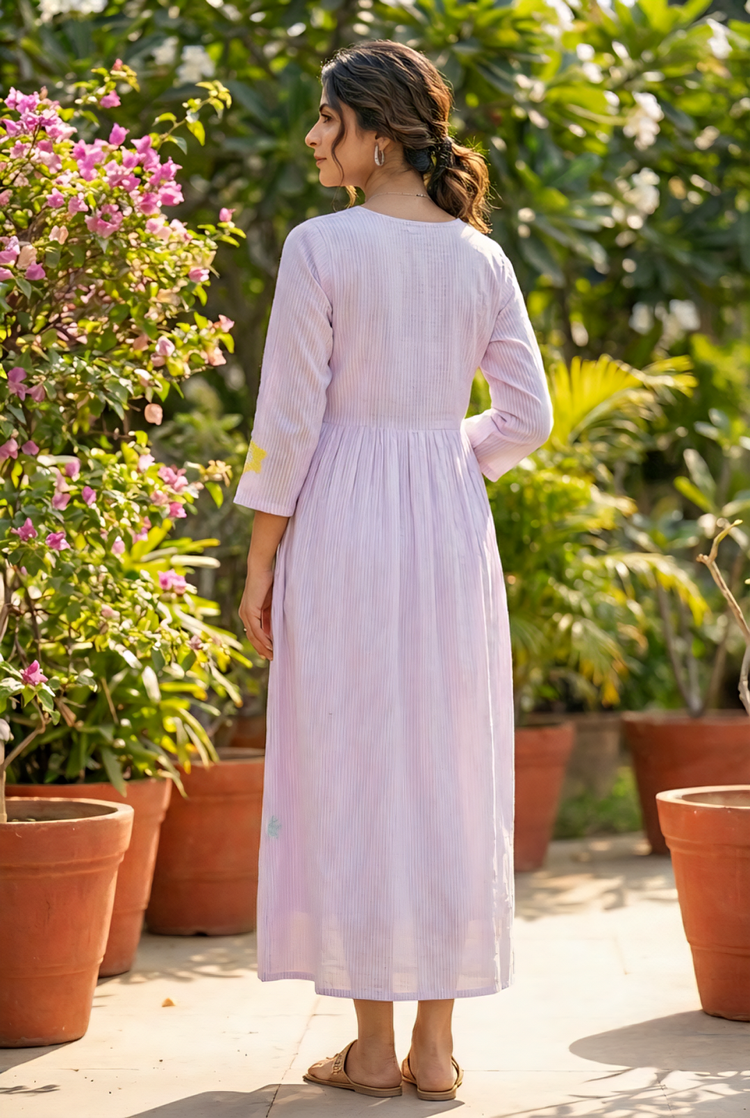 Neerus Purple cotton hand embroidered maxi dress - side view