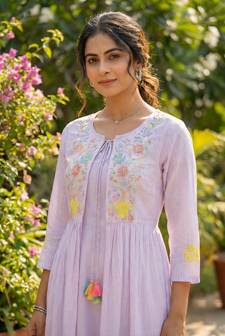 Neerus Purple cotton hand embroidered maxi dress - detail view 1