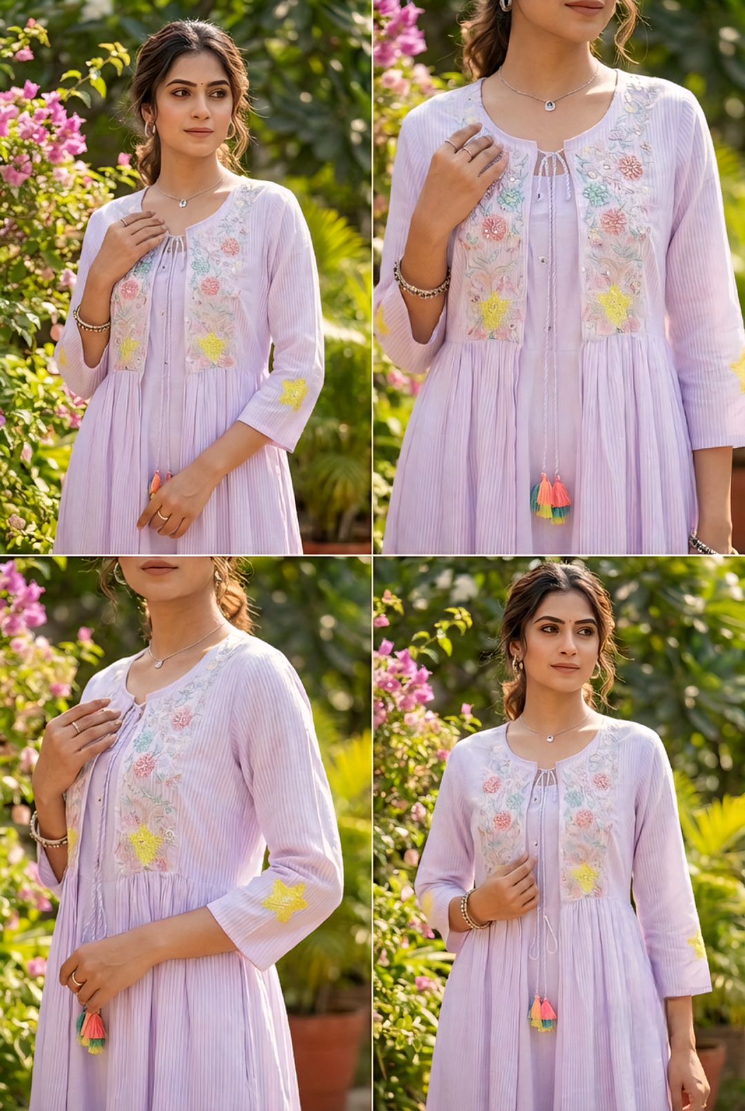 Neerus Purple cotton hand embroidered maxi dress - detail view 2