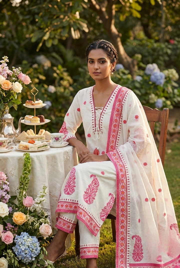 Neerus Pink linen printed suit set - front view