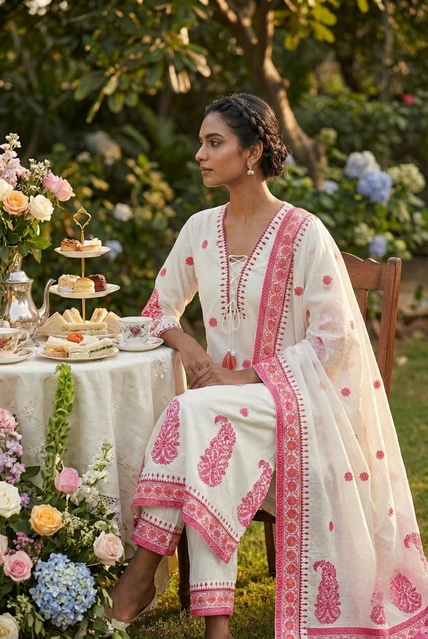 Neerus Pink linen printed suit set - back view