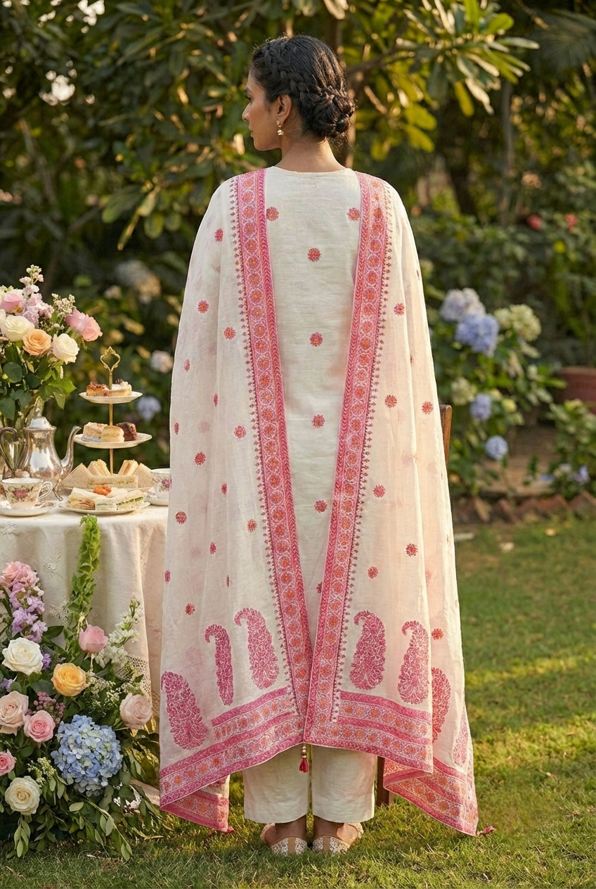 Neerus Pink linen printed suit set - side view