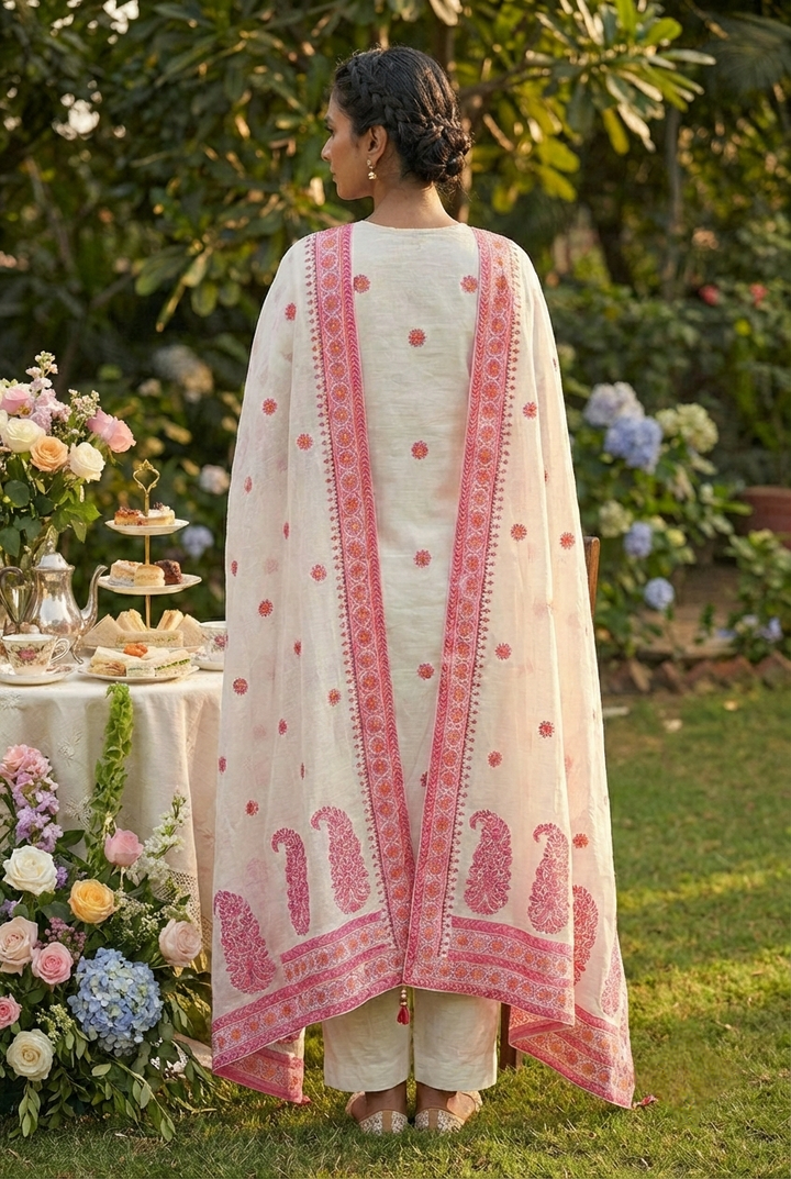 Neerus Pink linen printed suit set - side view