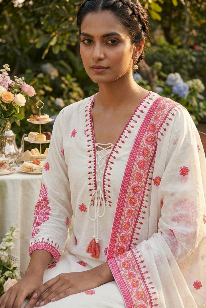 Neerus Pink linen printed suit set - detail view 1