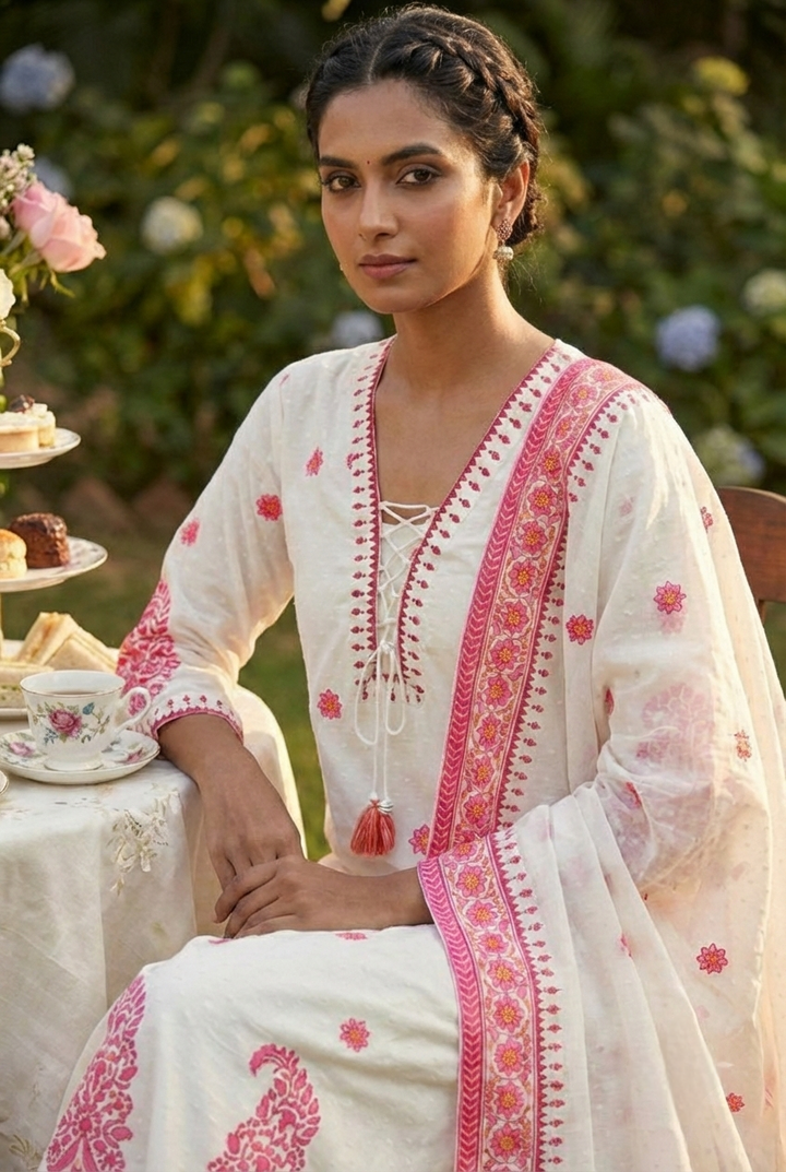 Neerus Pink linen printed suit set - detail view 2