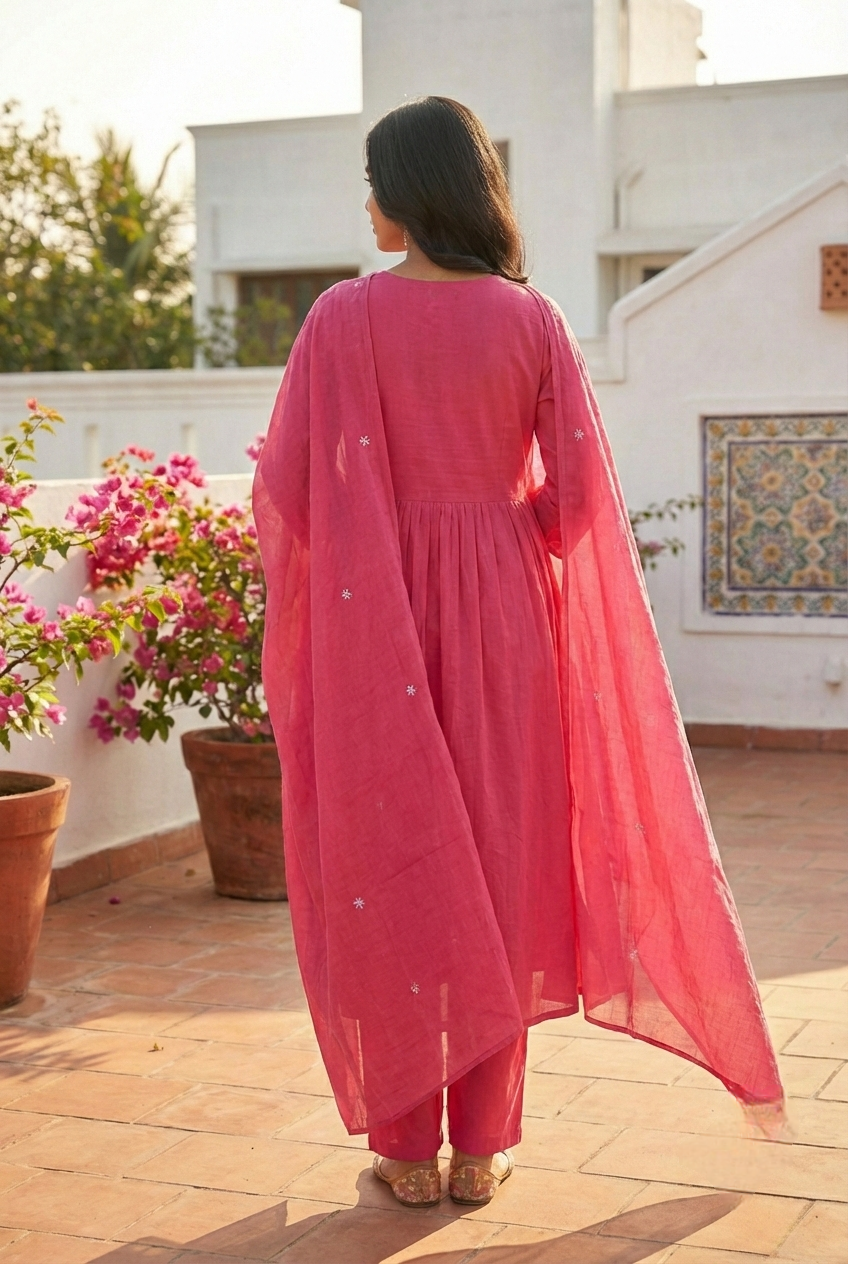Neerus Pink cotton hand embroidered suit set - back view