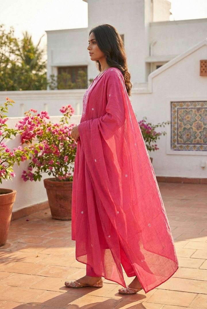Neerus Pink cotton hand embroidered suit set - side view