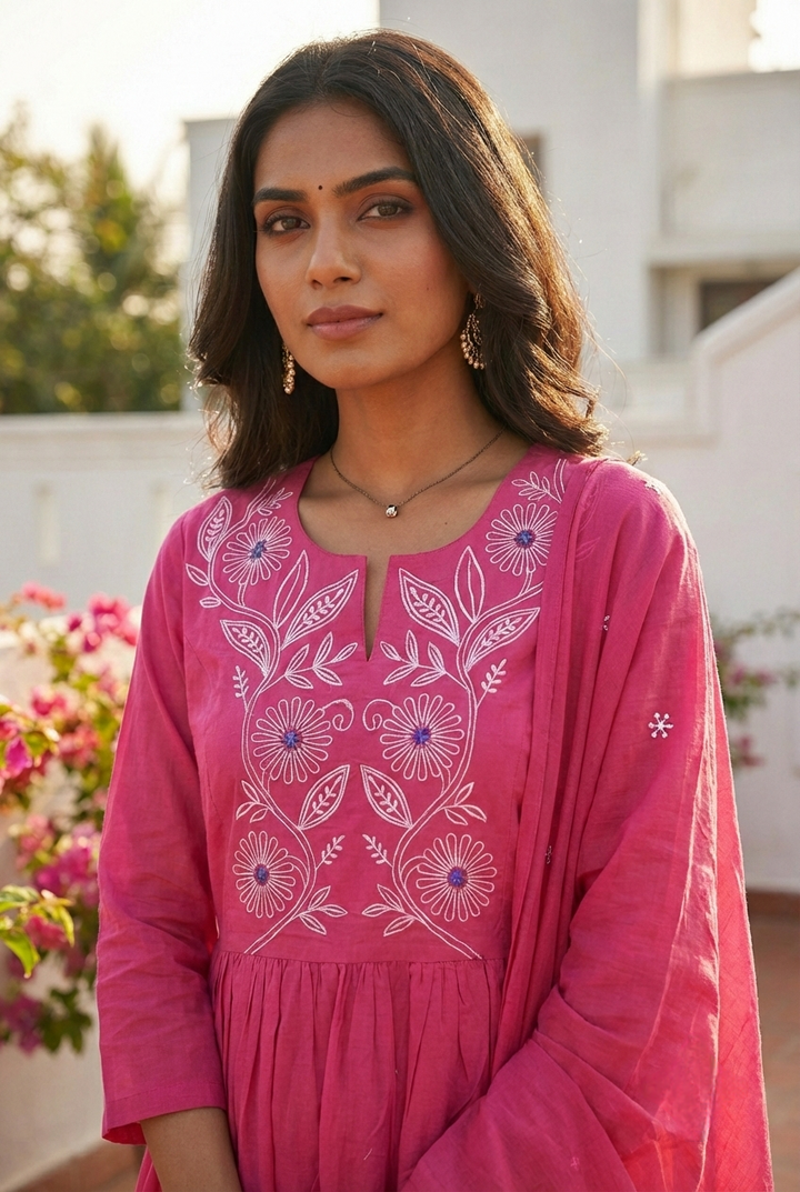 Neerus Pink cotton hand embroidered suit set - detail view 1