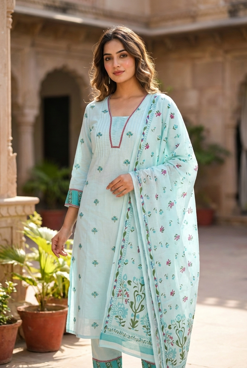Neerus Blue cotton printed suit set - back view