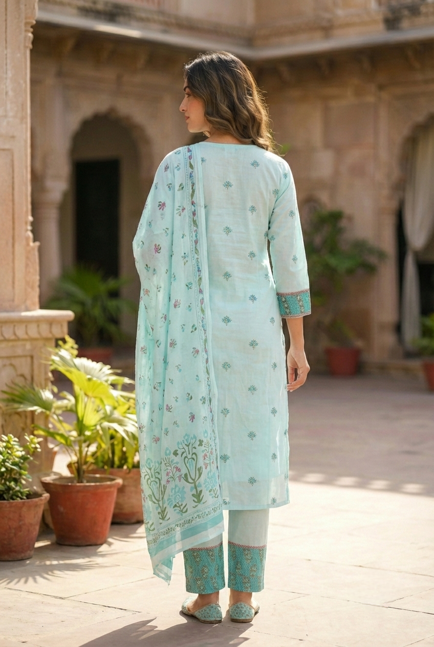 Neerus Blue cotton printed suit set - detail view 1