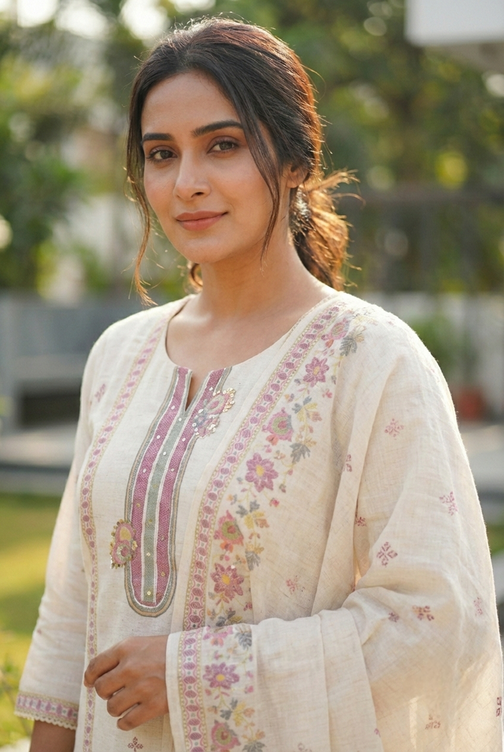 Neerus White linen printed suit set - side view