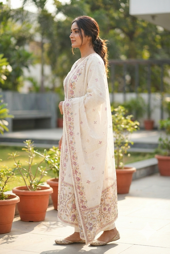 Neerus White linen printed suit set - detail view 1