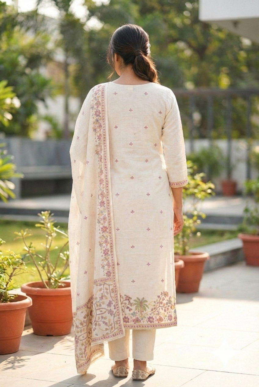Neerus White linen printed suit set - detail view 2