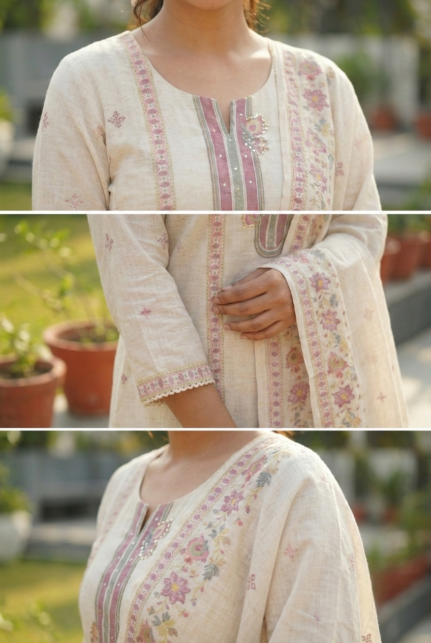 Neerus White linen printed suit set - detail view 3