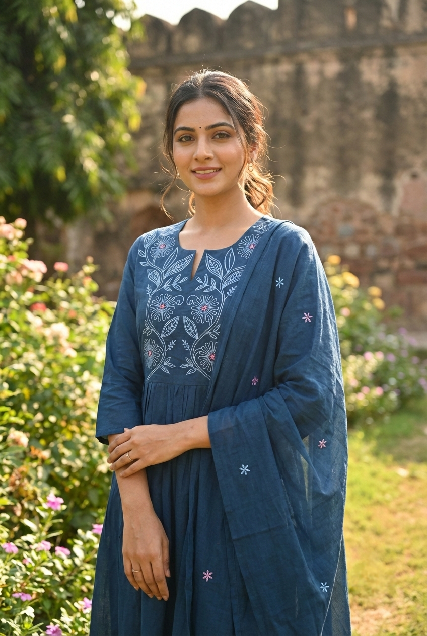 Neerus Green cotton hand embroidered suit set - back view