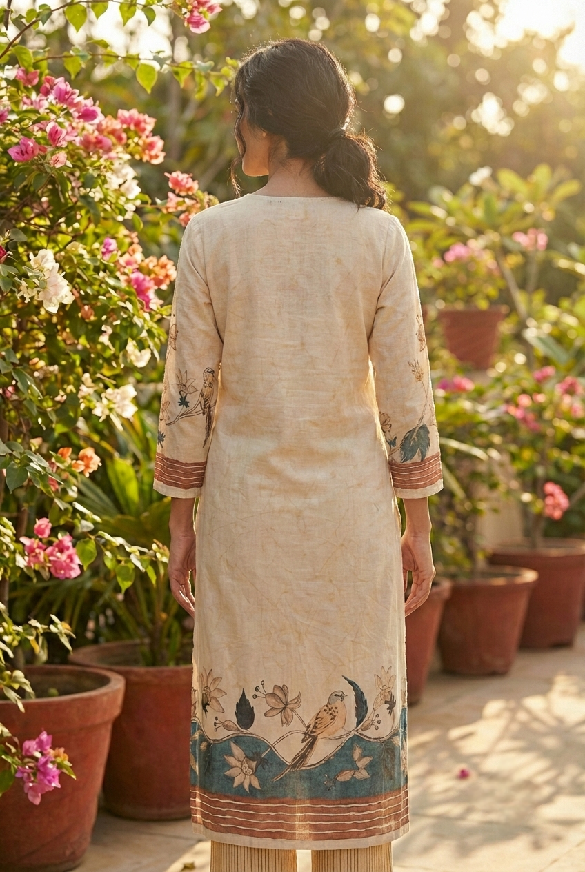 Neerus Beige linen digital printed kurti - side view