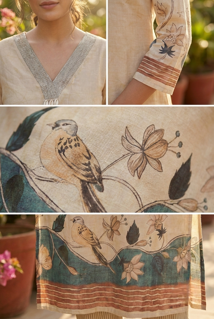 Neerus Beige linen digital printed kurti - detail view 2