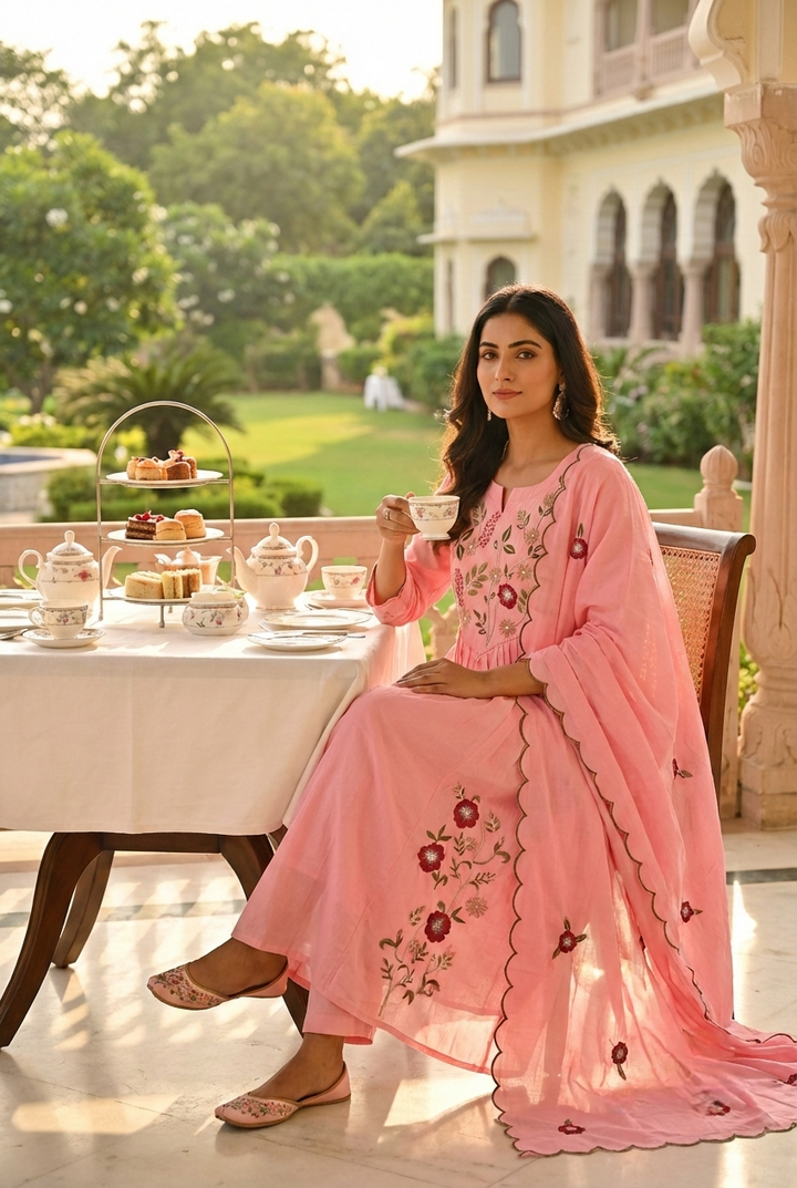 Neerus Pink cotton hand embroidered suit set - front view
