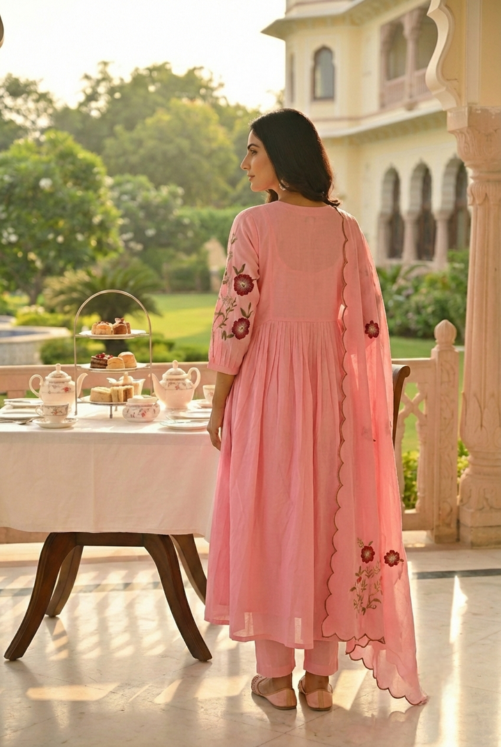 Neerus Pink cotton hand embroidered suit set - side view