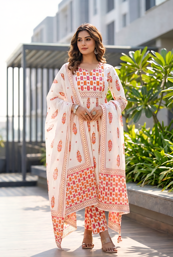 Neerus Pink cotton printed suit set - front view