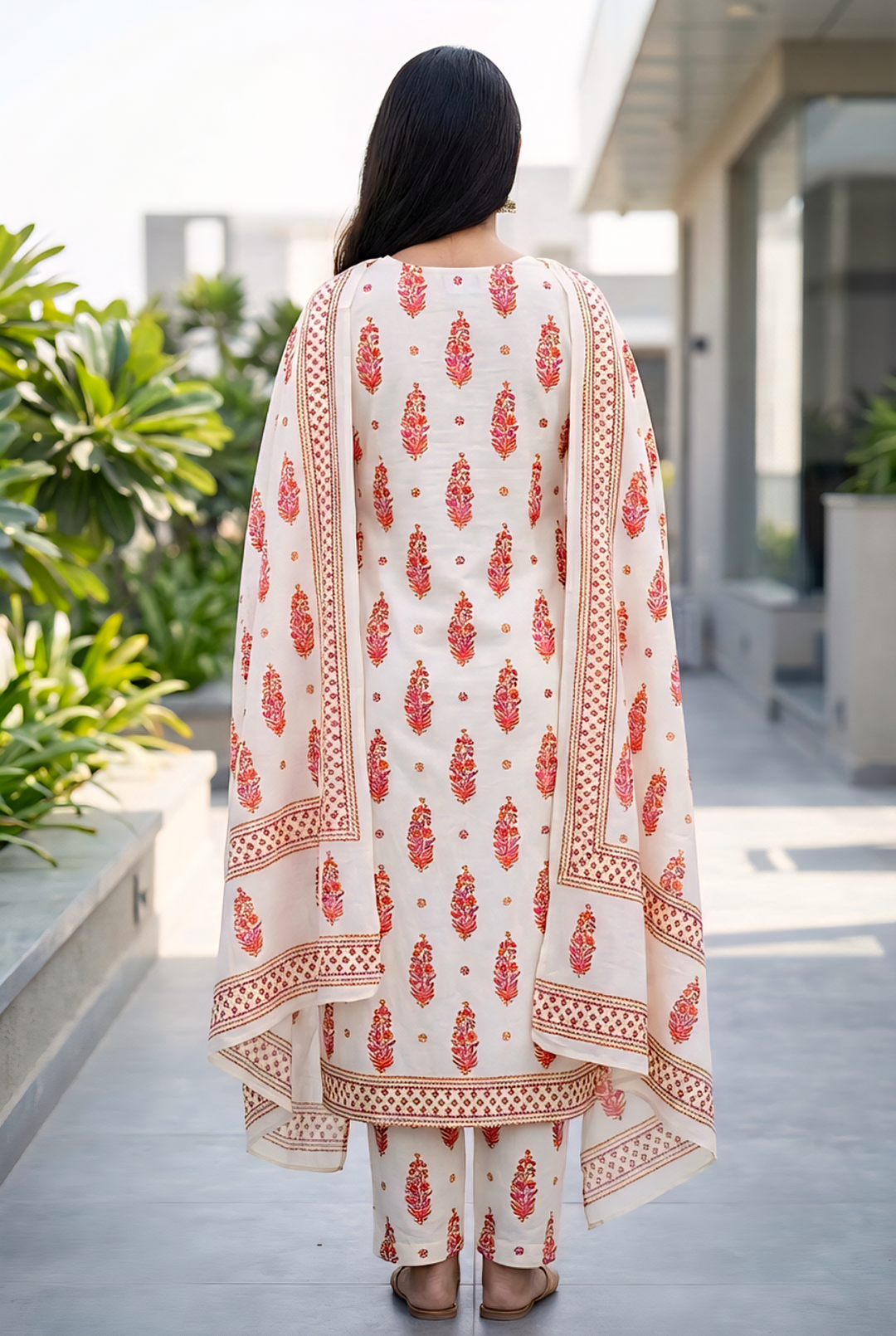 Neerus Pink cotton printed suit set - side view