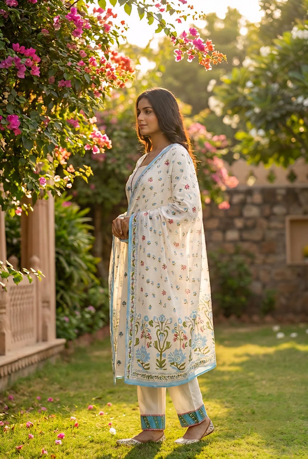 Neerus White cotton printed suit set - back view