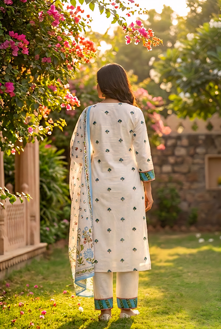 Neerus White cotton printed suit set - side view