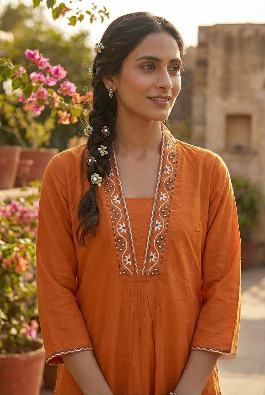 Neerus Orange cotton hand embroidered suit set - detail view 1