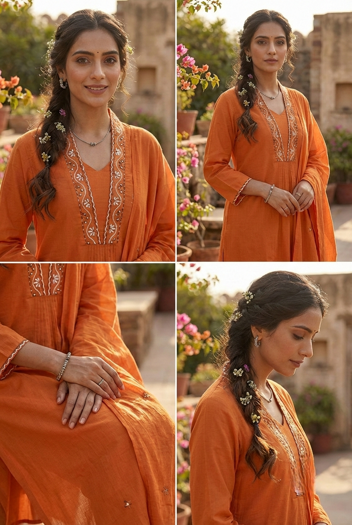 Neerus Orange cotton hand embroidered suit set - detail view 2