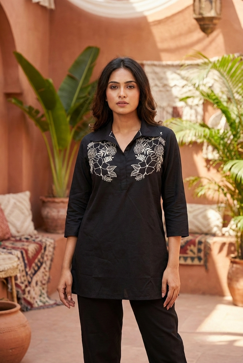 Neerus Black cotton hand embroidered co-ord set - back view