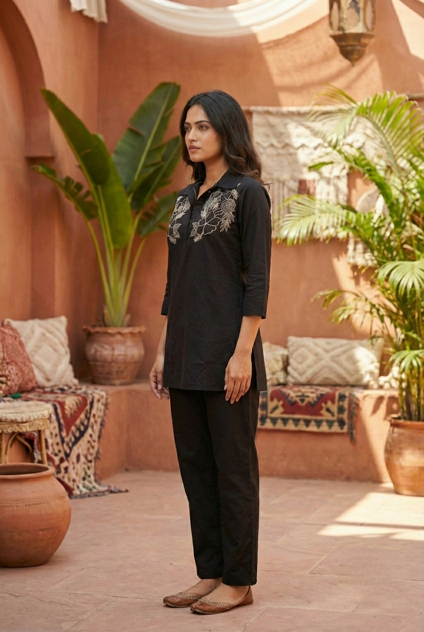 Neerus Black cotton hand embroidered co-ord set - side view