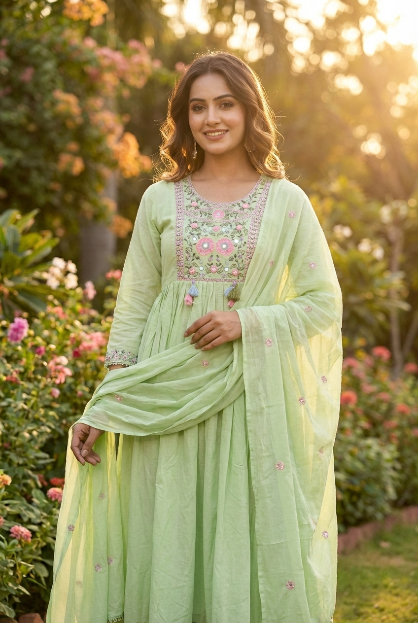 Neerus Green cotton hand embroidered suit set - back view