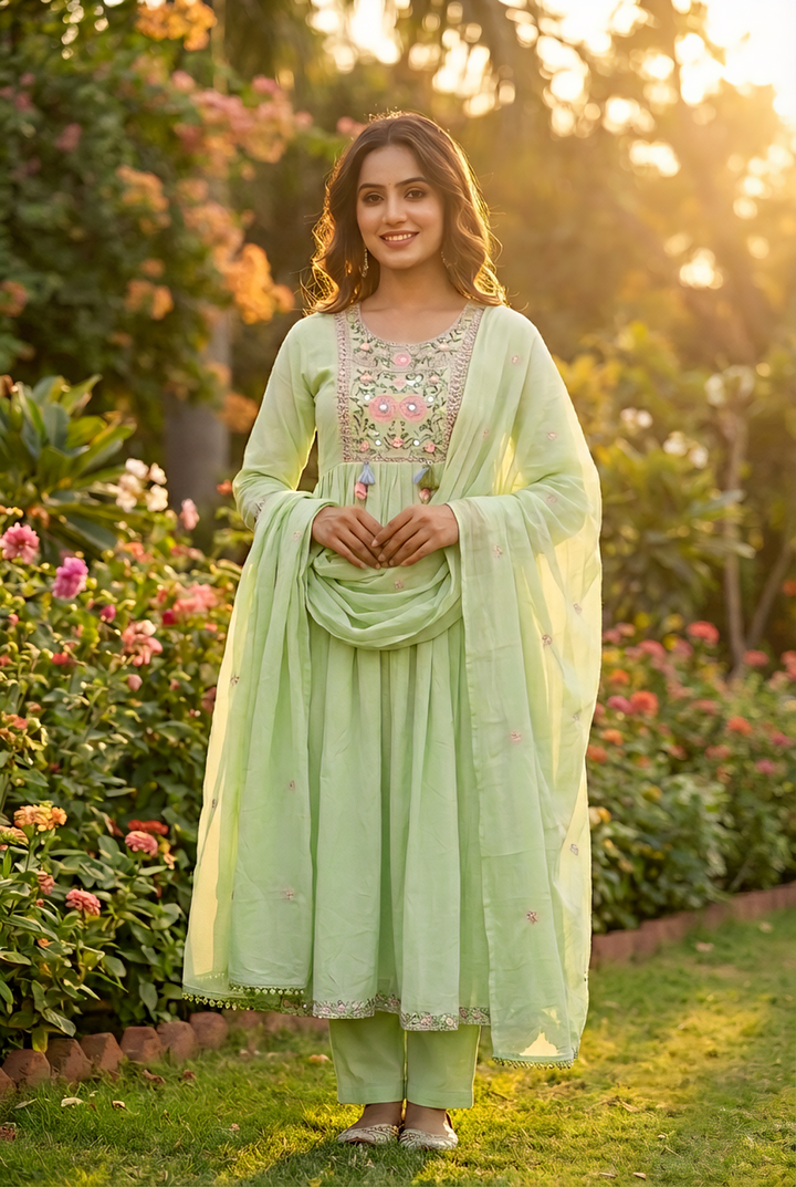 Neerus Green cotton hand embroidered suit set - front view