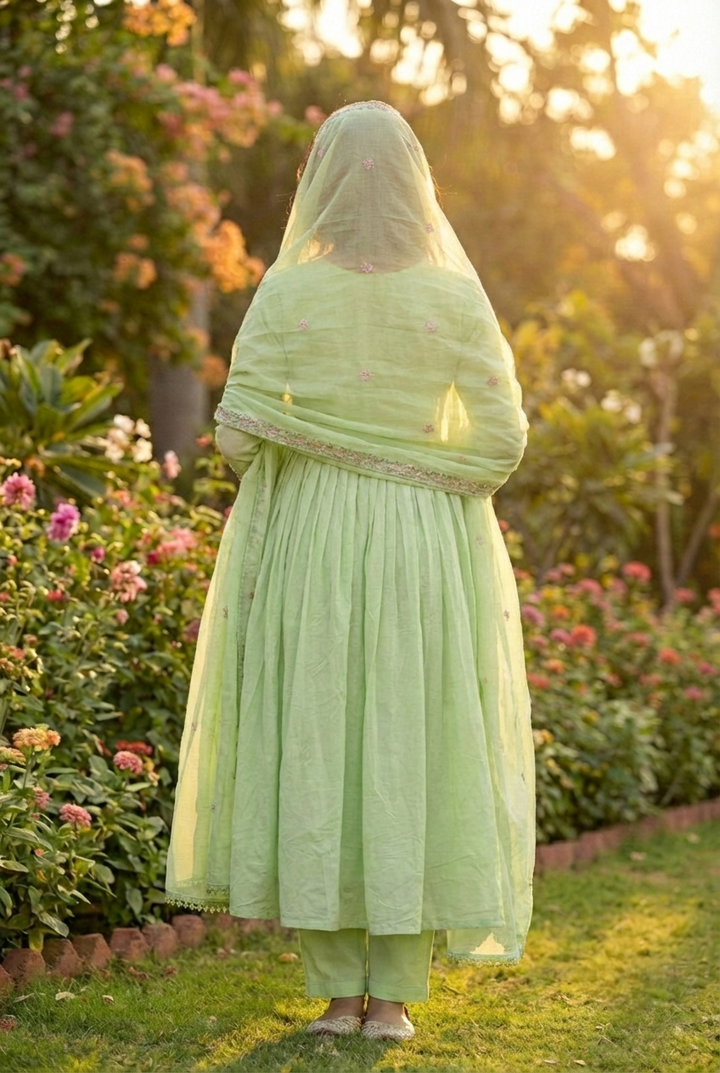 Neerus Green cotton hand embroidered suit set - detail view 2