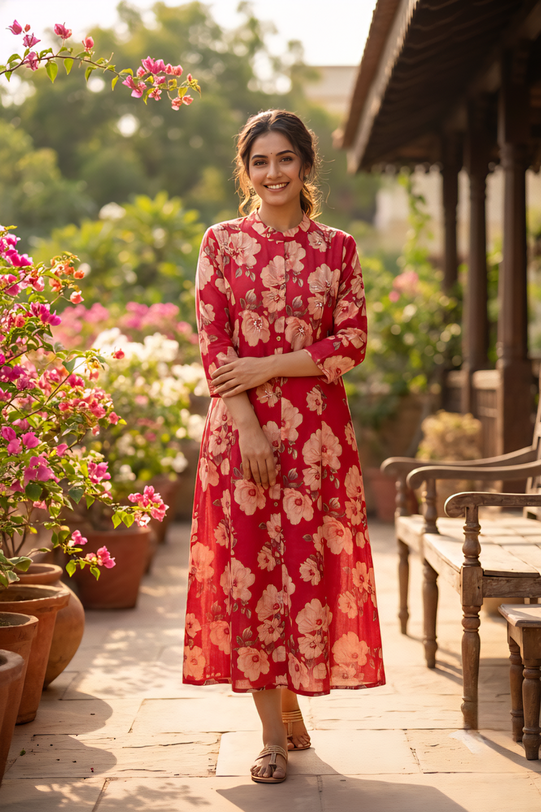 Neerus Pink rayon printed kurta floral - front view