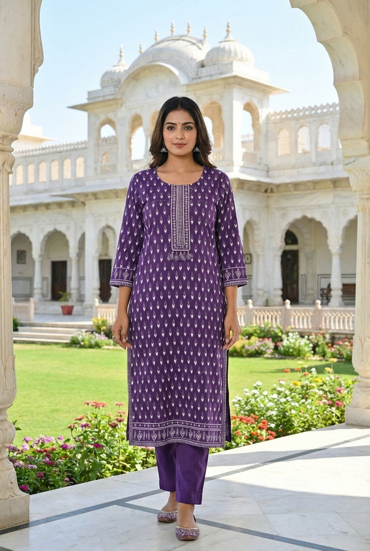 Neerus Purple cotton printed kurta set - front view