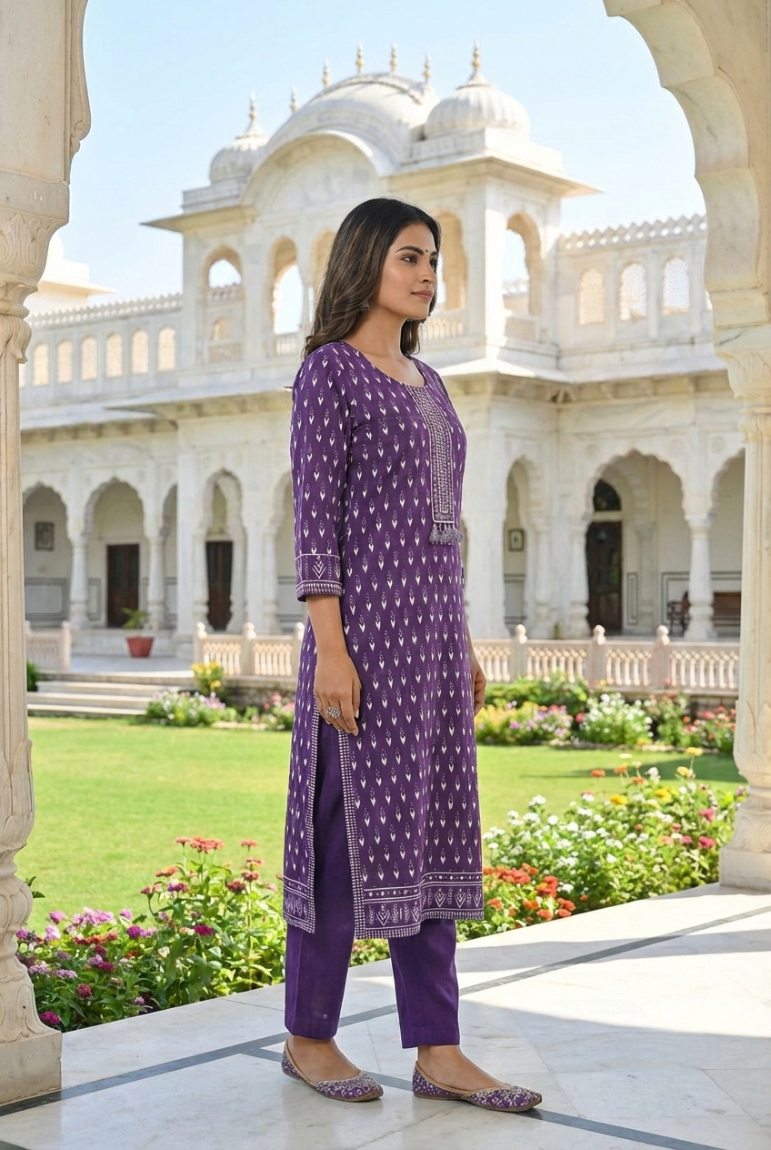 Neerus Purple cotton printed kurta set - back view