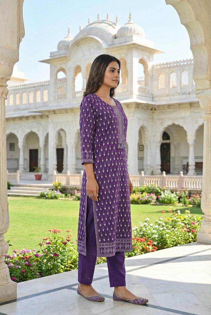 Neerus Purple cotton printed kurta set - back view
