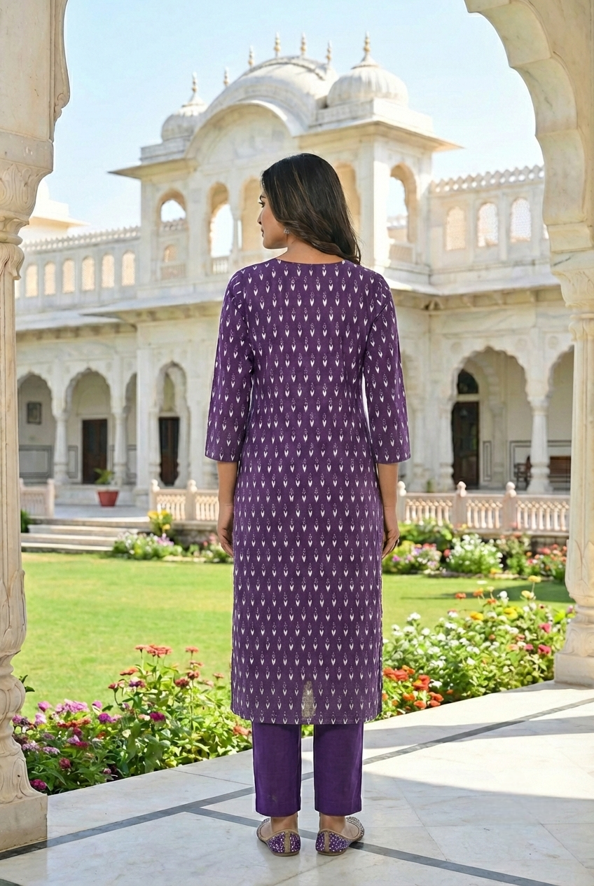 Neerus Purple cotton printed kurta set - side view