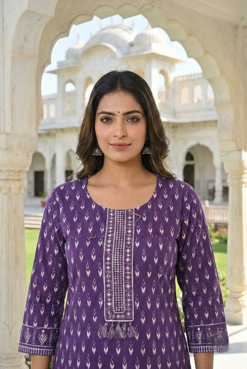 Neerus Purple cotton printed kurta set - detail view 1