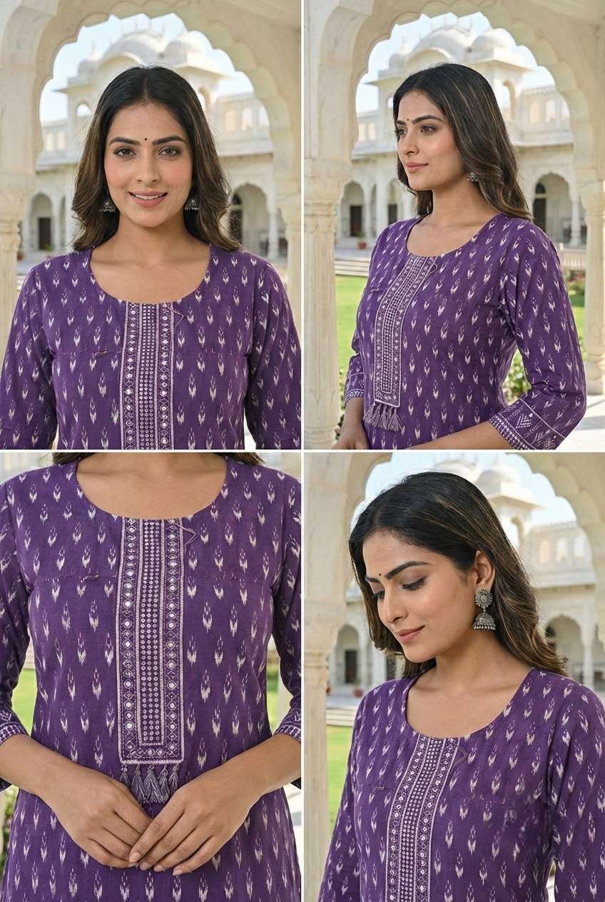 Neerus Purple cotton printed kurta set - detail view 3