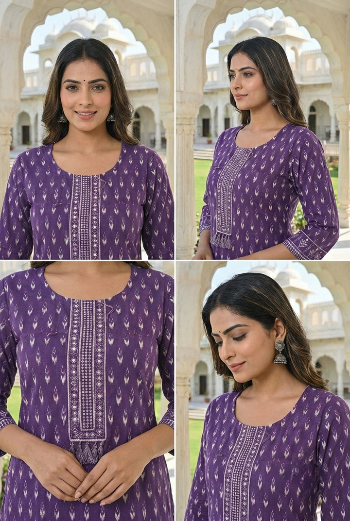 Neerus Purple cotton printed kurta set - detail view 3