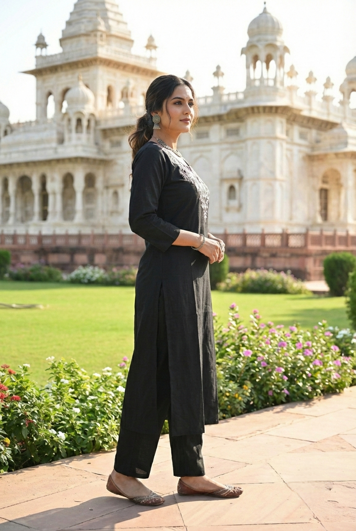 Neerus Black cotton hand embroidered kurta set - detail view 1