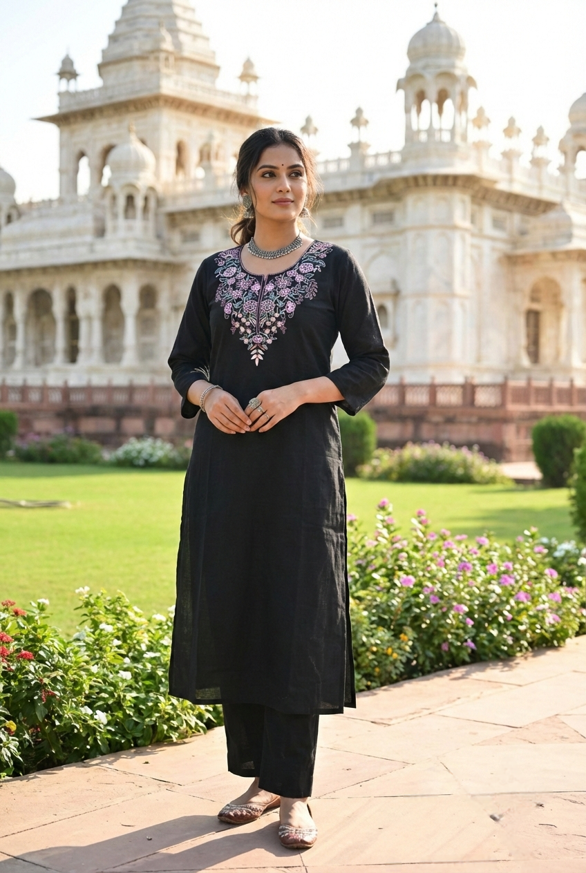 Neerus Black cotton hand embroidered kurta set - front view