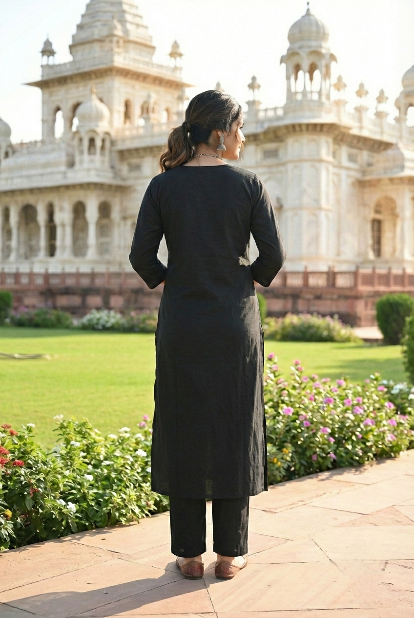 Neerus Black cotton hand embroidered kurta set - side view