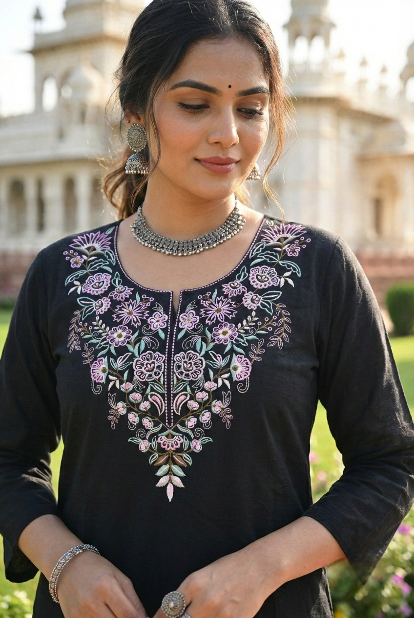 Neerus Black cotton hand embroidered kurta set - detail view 2