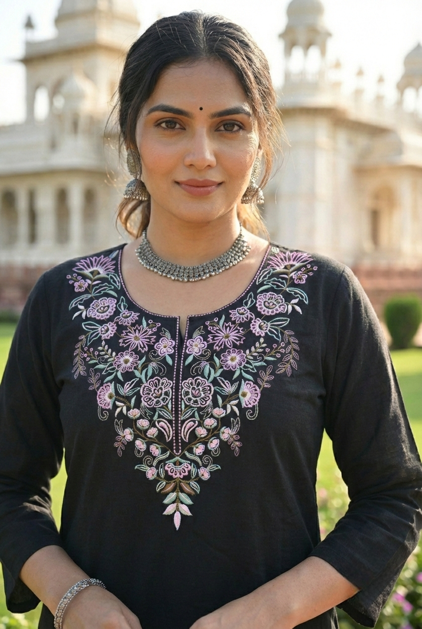 Neerus Black cotton hand embroidered kurta set - back view