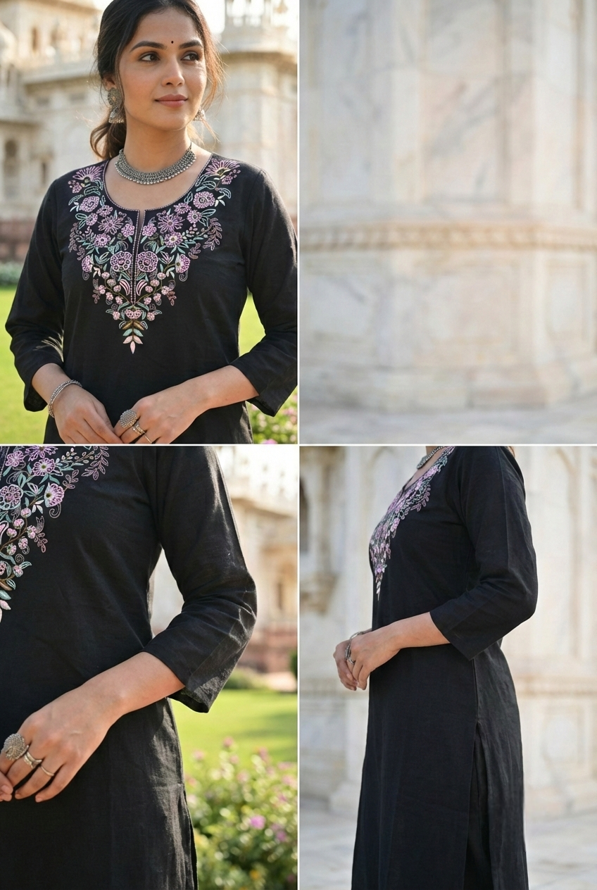 Neerus Black cotton hand embroidered kurta set - detail view 4